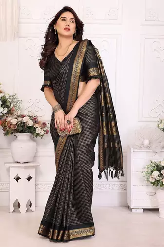 Black blended cotton woven zari work saree with blouse