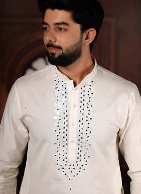 White color stylish cotton fabric ethnic traditional rich kurta payjama for men 3