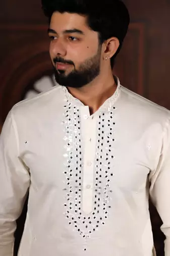 White color stylish cotton fabric ethnic traditional rich kurta payjama for men