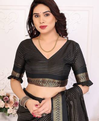Black blended cotton woven zari work saree with blouse 5