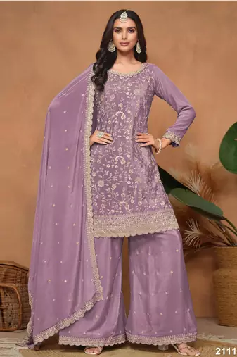 Lavender vichitra silk semi stitched suit with embroidery & sequence work