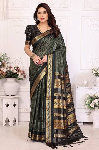 Green blended cotton woven zari work saree with blouse