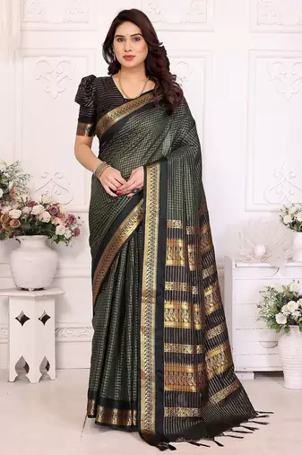 Green blended cotton woven zari work saree with blouse