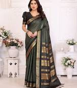 Green blended cotton woven zari work saree with blouse