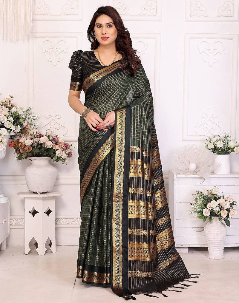 Green blended cotton woven zari work saree with blouse