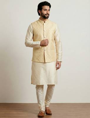 Gold banarasi dupion premium designer festive wear kurta pyjama with jacket set 4