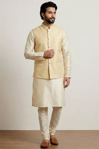 Gold banarasi dupion premium designer festive wear kurta pyjama with jacket set