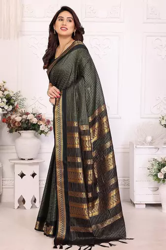 Green blended cotton woven zari work saree with blouse