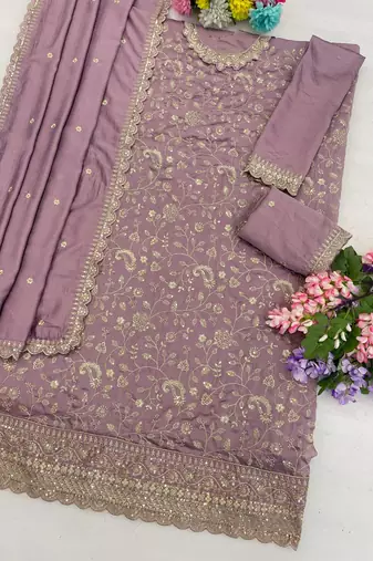 Lavender vichitra silk suit with embroidered sequin 