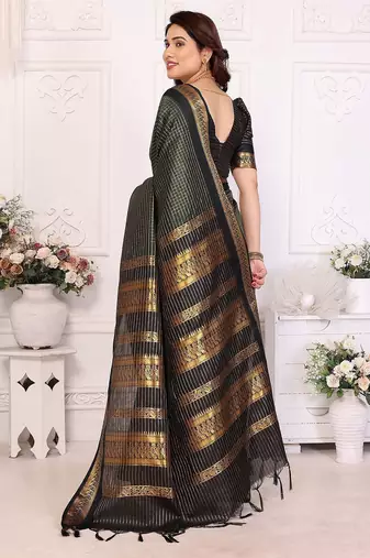 Green blended cotton woven zari work saree with blouse