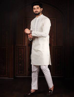 White color stylish cotton fabric ethnic traditional rich kurta payjama for men 4