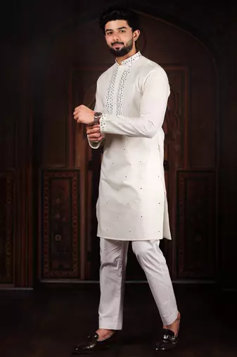White color stylish cotton fabric ethnic traditional rich kurta payjama for men
