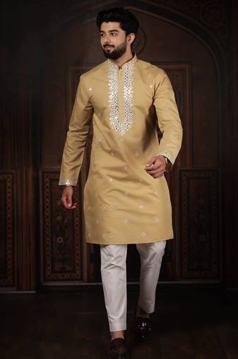 Chiku color stylish cotton fabric ethnic traditional rich kurta payjama for men