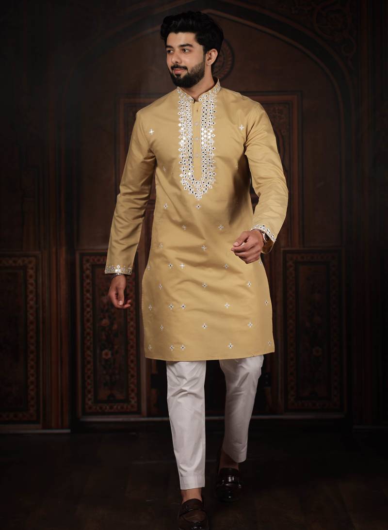 Chiku color stylish cotton fabric ethnic traditional rich kurta payjama for men