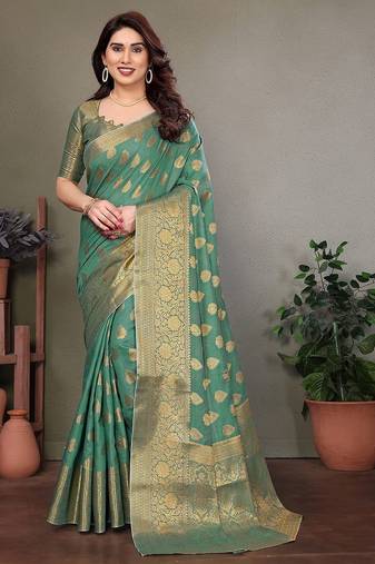 Green blended cotton woven zari work saree with blouse
