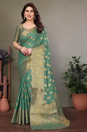Green blended cotton woven zari work saree with blouse