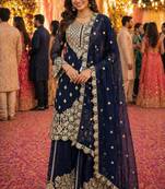 Navy georgette free size suit with embroidery & diamond work
