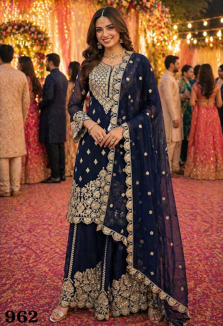 Navy georgette free size suit with embroidery & diamond work