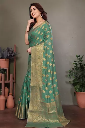 Green blended cotton woven zari work saree with blouse