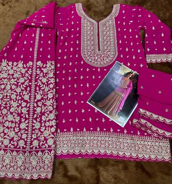 Rani pink georgette free size suit with embroidery & diamond work 3