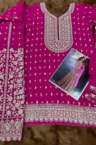 Rani pink georgette free size suit with embroidery & diamond work