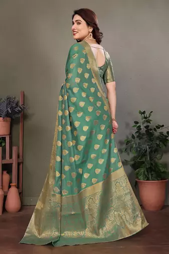 Green blended cotton woven zari work saree with blouse