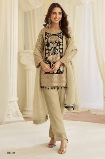 Cream crepe silk free size stitched suit with embroidery & mirror work