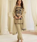 Cream crepe silk free size stitched suit with embroidery & mirror work