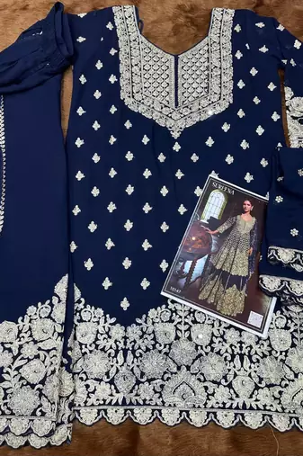 Navy georgette free size suit with embroidered diamond 