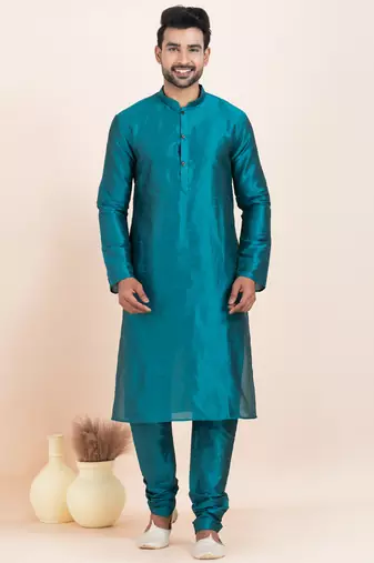 Teal blue banarsi dhupion  silk premium designer festive wear kurta pyjama set