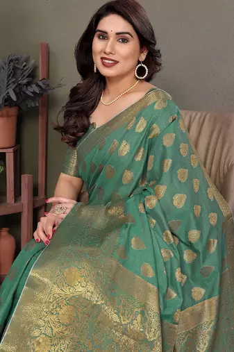 Green blended cotton woven zari work saree with blouse