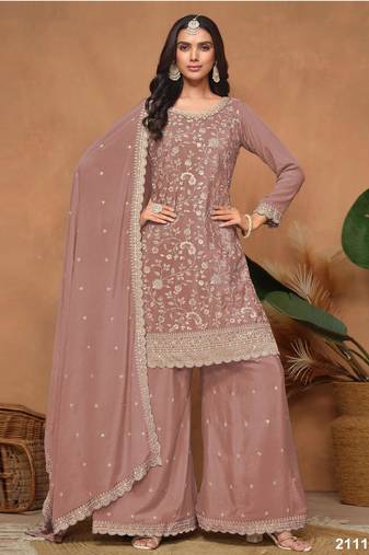 Peach vichitra silk semi stitched suit with embroidery & sequence work