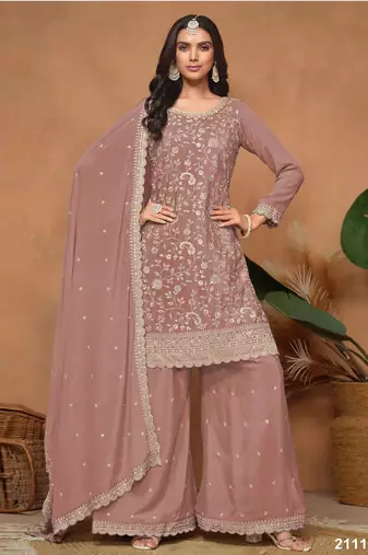 Peach vichitra silk semi stitched suit with embroidery & sequence work