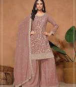 Peach vichitra silk semi stitched suit with embroidery & sequence work