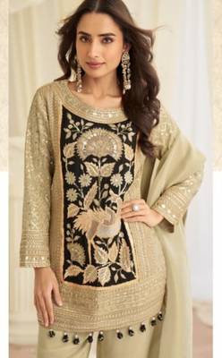 Cream crepe silk free size stitched suit with embroidered mirror  2