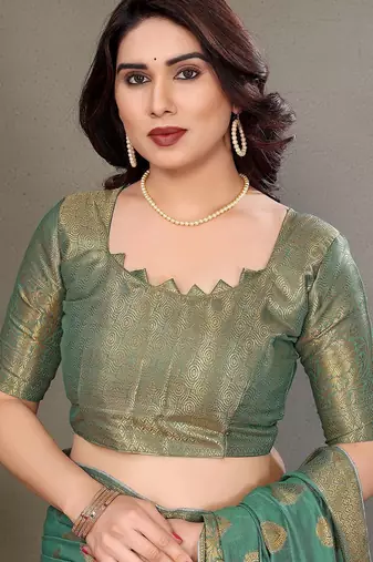Green blended cotton woven zari work saree with blouse