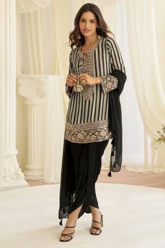 Black crepe silk free size stitched suit with embroidery & mirror work
