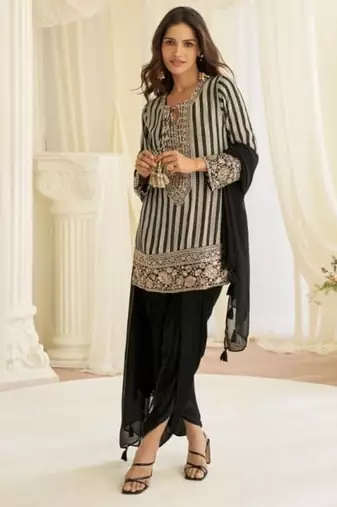 Black crepe silk free size stitched suit with embroidery & mirror work