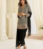 Black crepe silk free size stitched suit with embroidery & mirror work