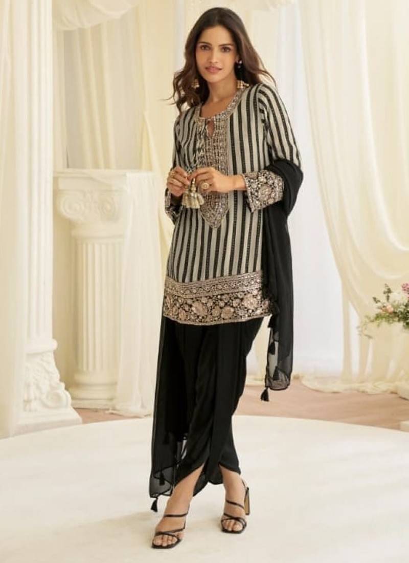 Black crepe silk free size stitched suit with embroidery & mirror work