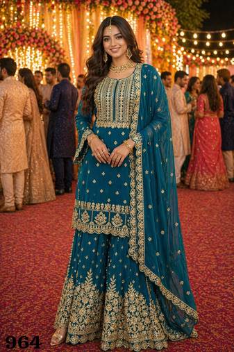 Teal blue georgette free size suit with embroidery & diamond work
