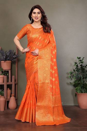 Orange blended cotton woven zari work saree with blouse