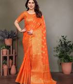 Orange blended cotton woven zari work saree with blouse