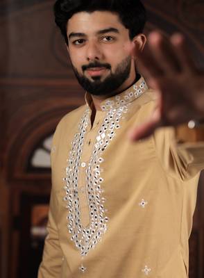 Chiku color stylish cotton fabric ethnic traditional rich kurta payjama for men 3