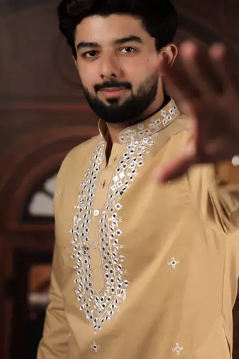 Chiku color stylish cotton fabric ethnic traditional rich kurta payjama for men
