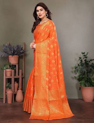 Orange blended cotton woven zari work saree with blouse 2