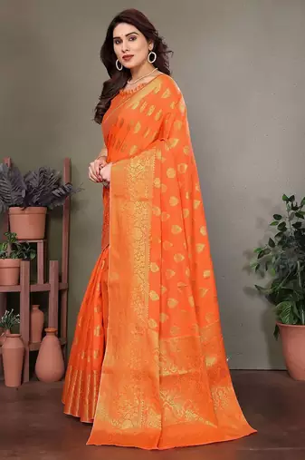 Orange blended cotton woven zari work saree with blouse