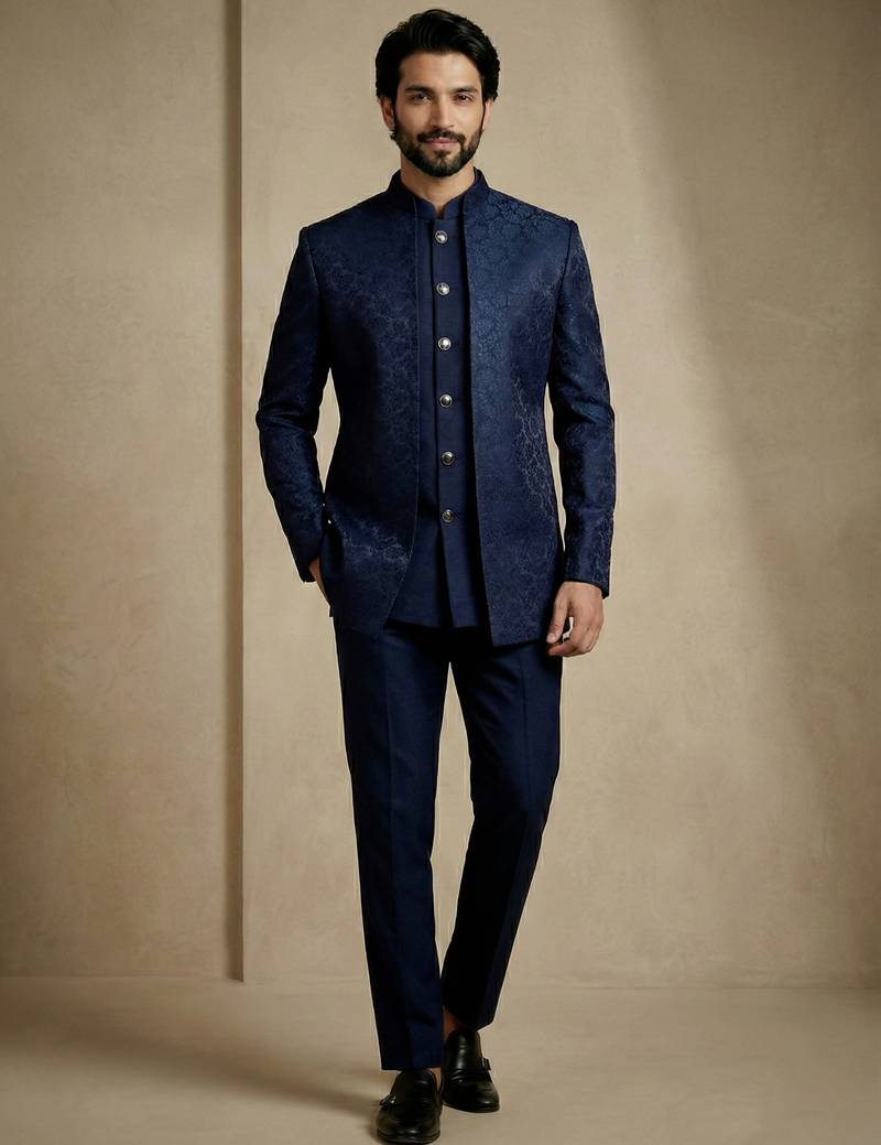 Navy blue premium designer festive wear indo western set
