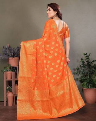 Orange blended cotton woven zari work saree with blouse 3