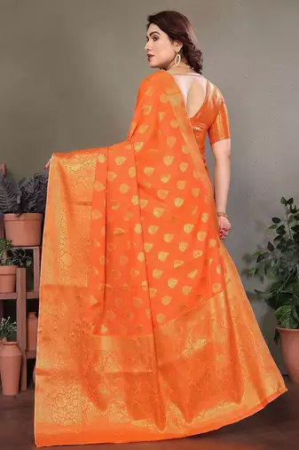 Orange blended cotton woven zari work saree with blouse